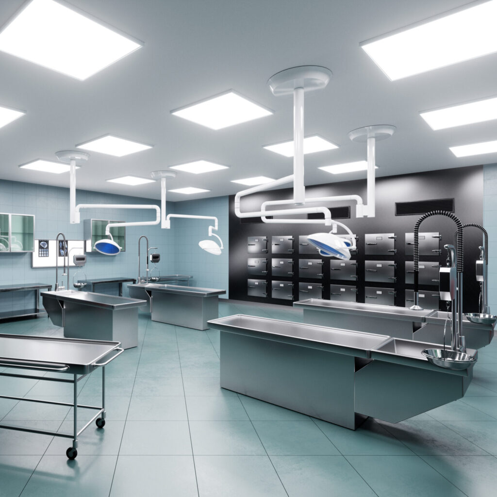 Interior of a morgue in a modern hospital. 3D illustration,